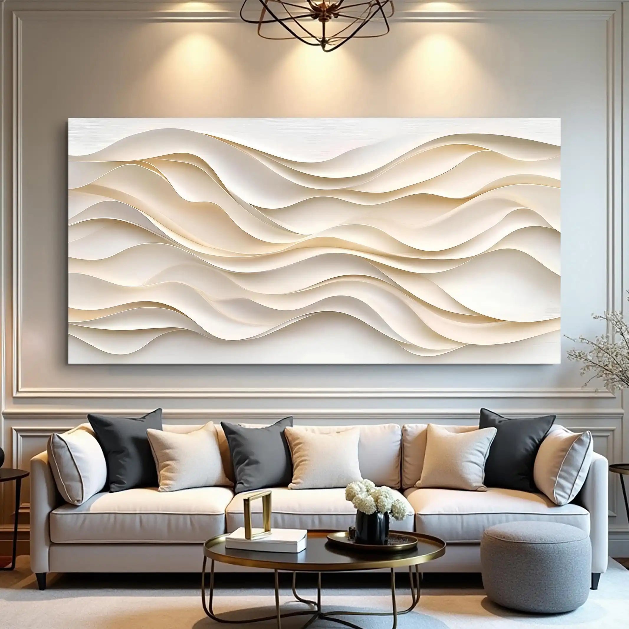 Modern living room with a decorative wall panel and a sofa.
