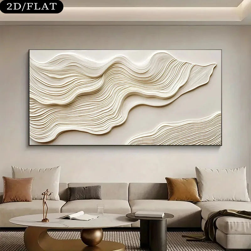 Decorative wall art with wavy patterns in a living room setting