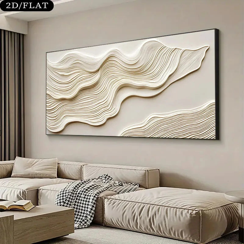 Abstract wall art in a living room with a sofa and coffee table.