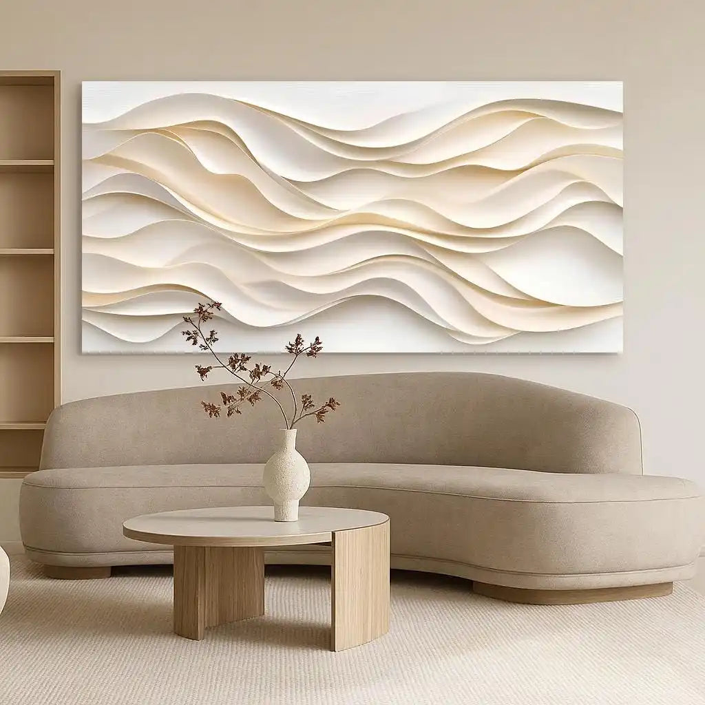 Beige sofa with a wooden coffee table and decorative vase in a living room setting.