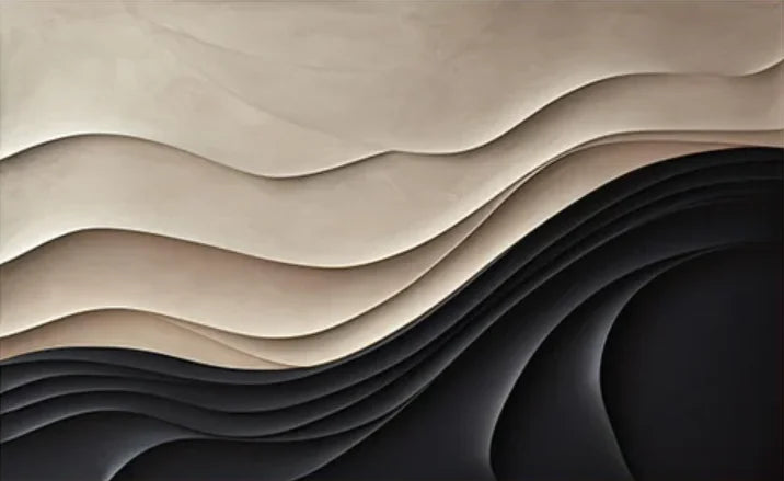 Abstract design of layered paper with wavy edges in beige and black.