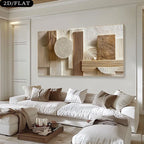 Modern living room with a large abstract wall art piece above a white sofa.