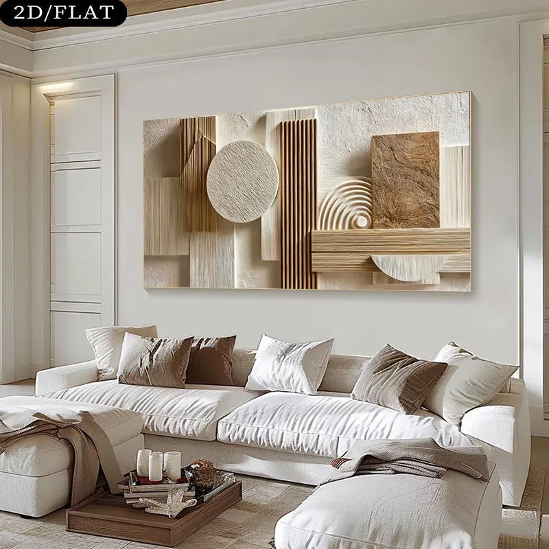 Modern living room with a large abstract wall art piece above a white sofa.