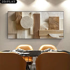 Abstract wall art in a modern dining room with chairs and table.