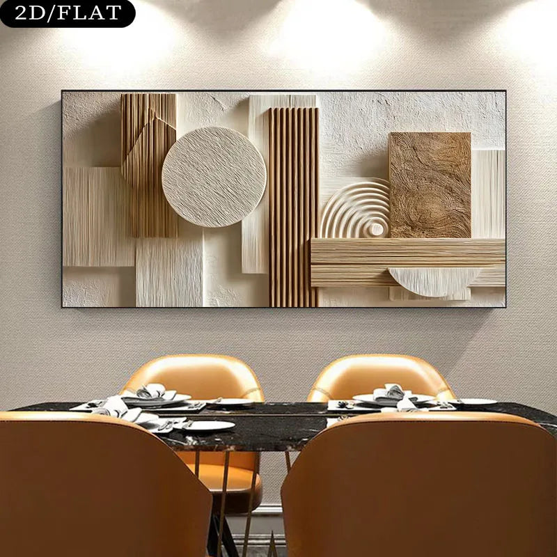 Abstract wall art in a modern dining room with chairs and table.