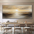 Dining room with a large abstract painting on the wall above a wooden table and chairs.