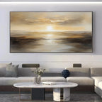 Modern living room with a large abstract painting on the wall.