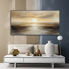 Modern living room with abstract wall art, white sofa, and decorative vases.