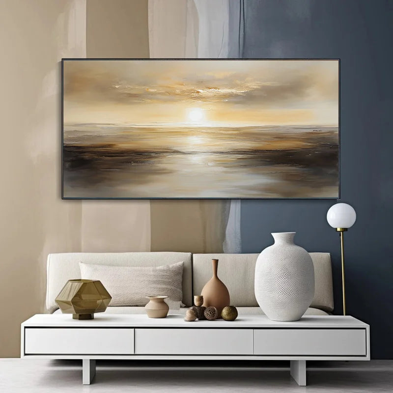 Modern living room with abstract wall art, white sofa, and decorative vases.