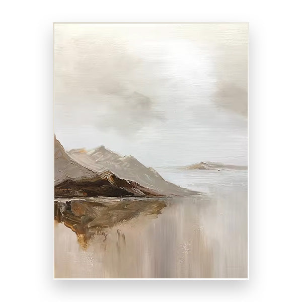 Big Sizes Mountain Lake Landscape Wall Art Fine Art Canvas Prints Brown Beige Grey Neutral Color Textural Abstract Picture For Living Room Entranceway Foyer Art Decor
