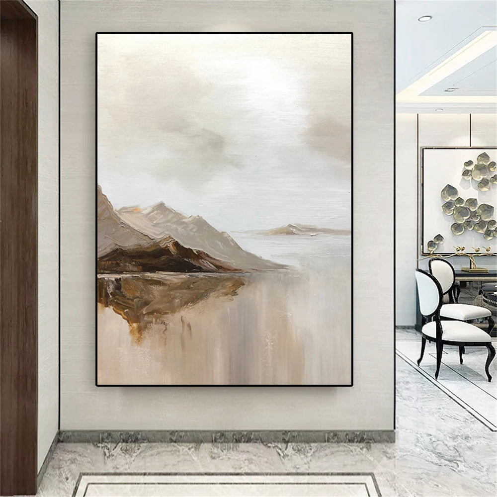 Big Sizes Mountain Lake Landscape Wall Art Fine Art Canvas Prints Brown Beige Grey Neutral Color Textural Abstract Picture For Living Room Entranceway Foyer Art Decor