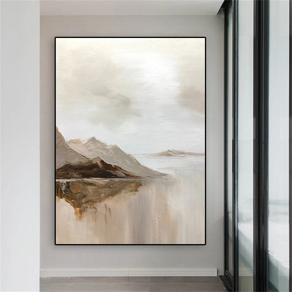 Big Sizes Mountain Lake Landscape Wall Art Fine Art Canvas Prints Brown Beige Grey Neutral Color Textural Abstract Picture For Living Room Entranceway Foyer Art Decor