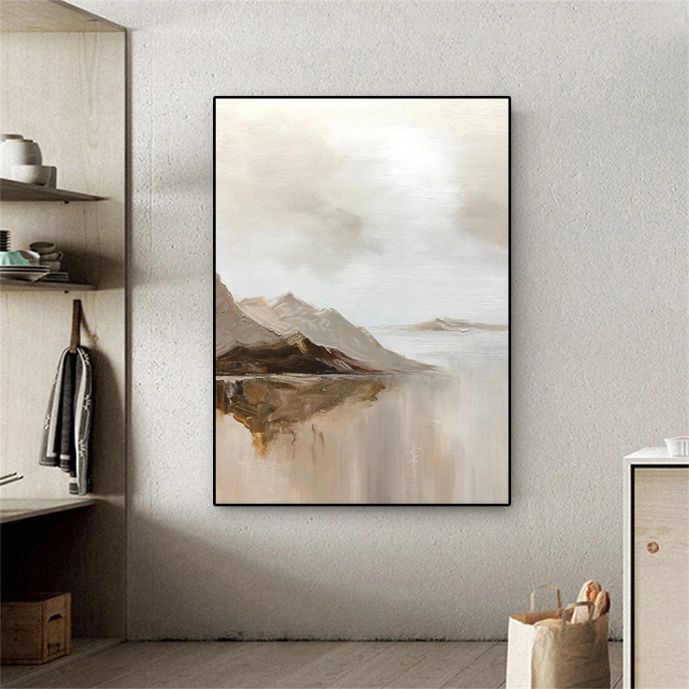Big Sizes Mountain Lake Landscape Wall Art Fine Art Canvas Prints Brown Beige Grey Neutral Color Textural Abstract Picture For Living Room Entranceway Foyer Art Decor 2025