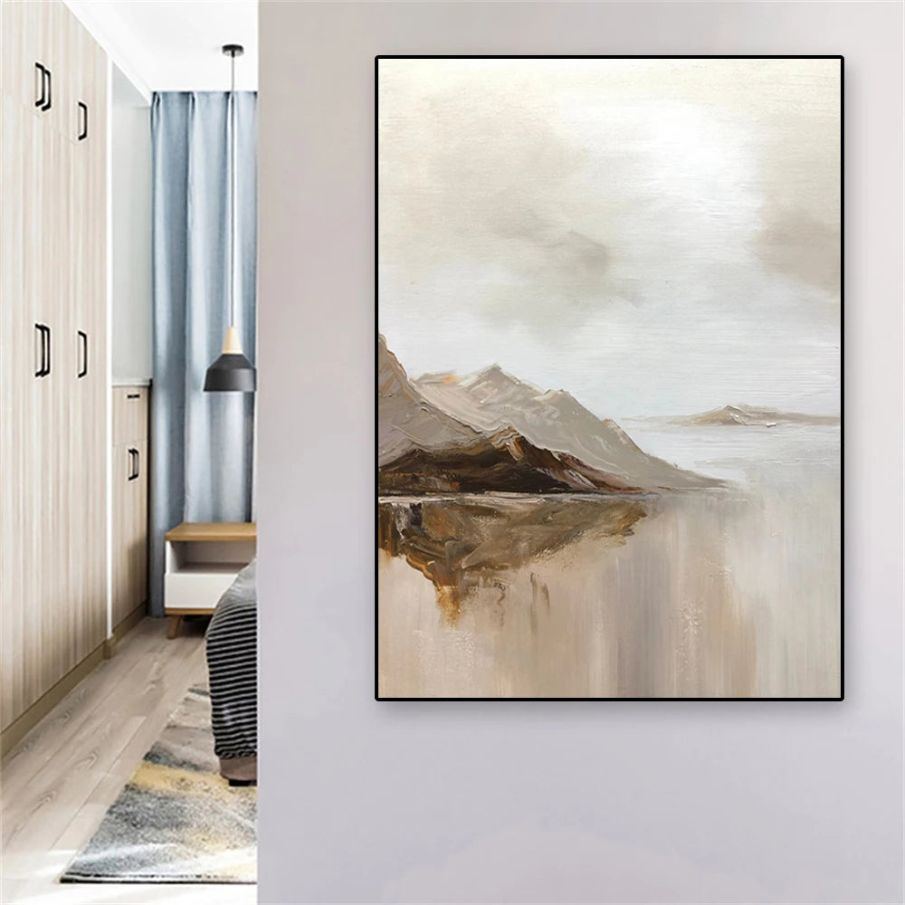 Big Sizes Mountain Lake Landscape Wall Art Fine Art Canvas Prints Brown Beige Grey Neutral Color Textural Abstract Picture For Living Room Entranceway Foyer Art Decor 2025