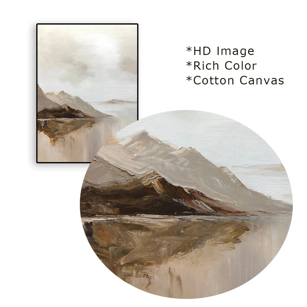 Big Sizes Mountain Lake Landscape Wall Art Fine Art Canvas Prints Brown Beige Grey Neutral Color Textural Abstract Picture For Living Room Entranceway Foyer Art Decor 2025