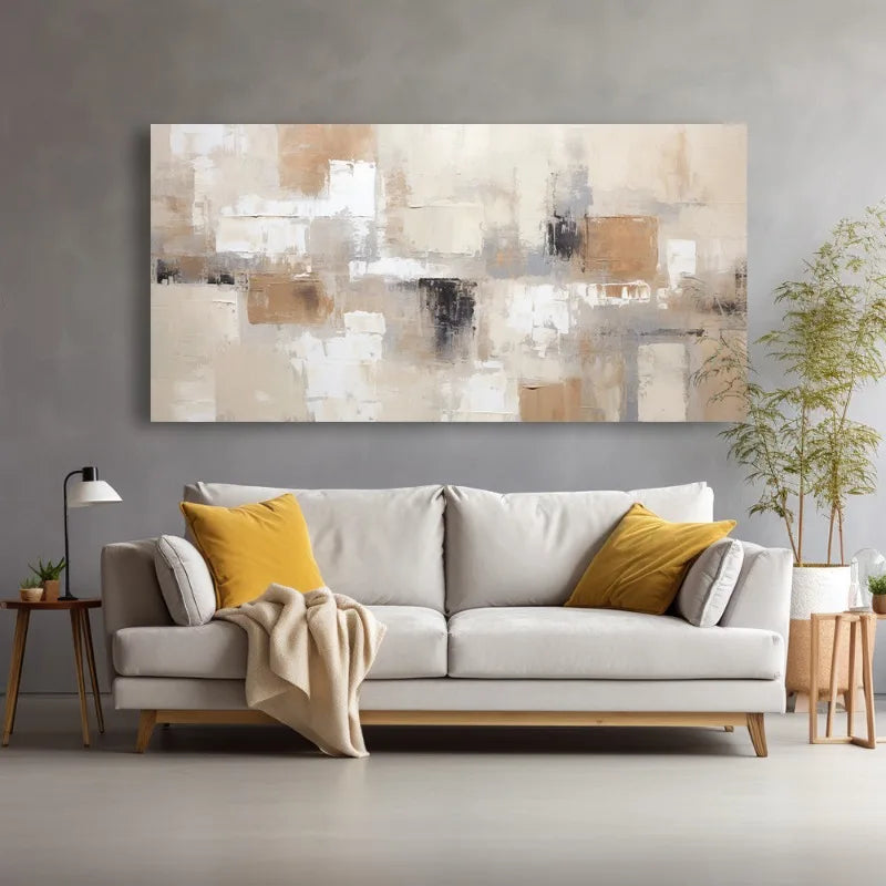 Modern living room with a gray sofa, yellow pillows, and a large abstract painting on the wall.