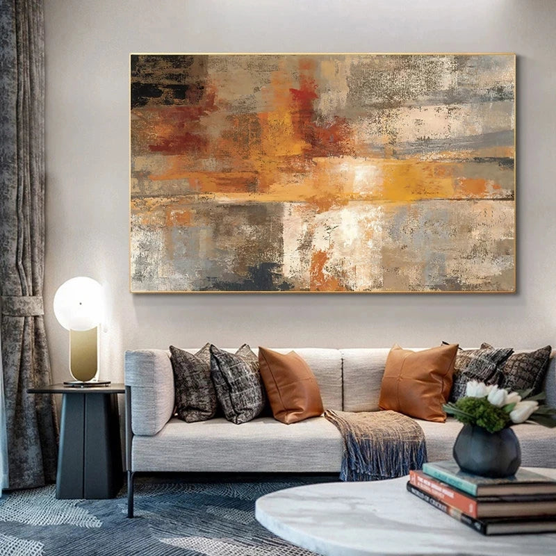 Big Sizes Neutral Tones Rustic Grey Orange Abstract Wall Art Fine Art Canvas Print Picture For Modern Living Room Decor