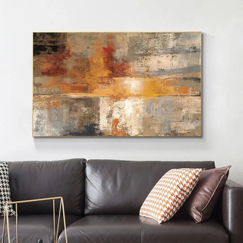 Big Sizes Neutral Tones Rustic Grey Orange Abstract Wall Art Fine Art Canvas Print Picture For Modern Living Room Decor