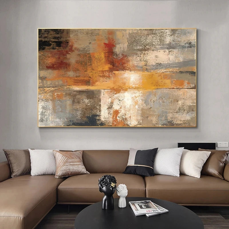 Big Sizes Neutral Tones Rustic Grey Orange Abstract Wall Art Fine Art Canvas Print Picture For Modern Living Room Decor