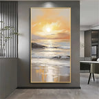 Large abstract painting of a sunset over water in a modern interior setting.
