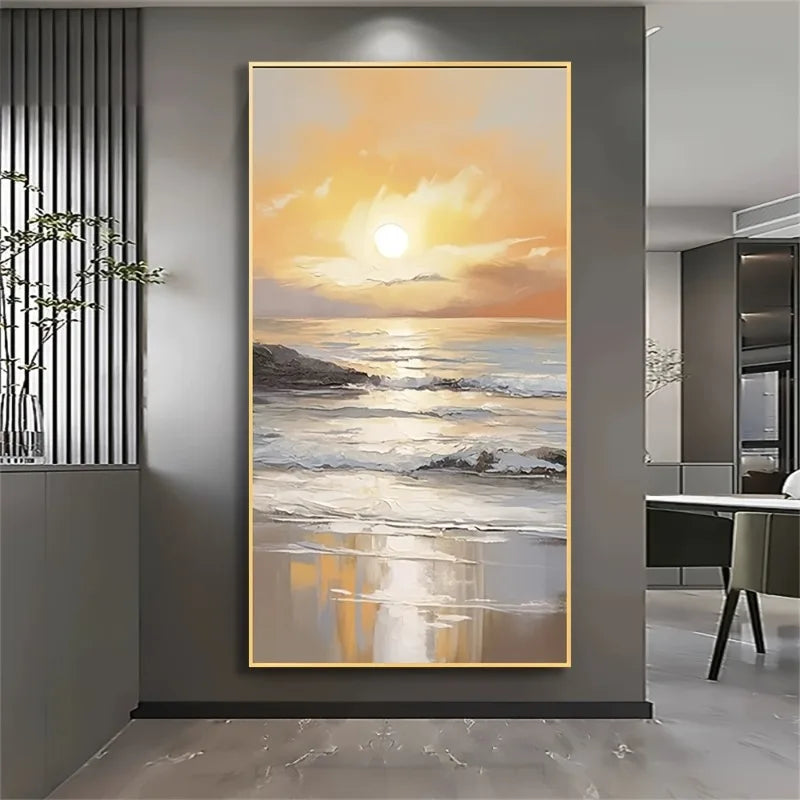Large abstract painting of a sunset over water in a modern interior setting.
