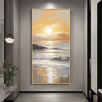 Large abstract painting of a sunset over water in a modern interior setting.