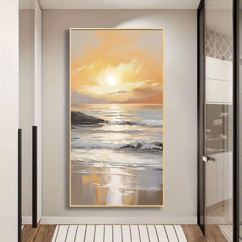 Framed artwork of a sunset over water in a modern interior setting.