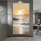 Large abstract painting of a sunset over water in a modern interior setting.