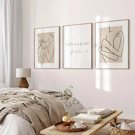 Neatly arranged bedroom with wall art and decor