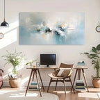 Modern home office with abstract painting, desk, chair, and decor elements.