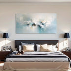 Modern bedroom with a large abstract painting above the bed