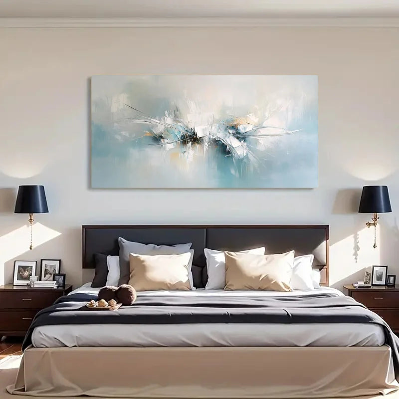 Modern bedroom with a large abstract painting above the bed