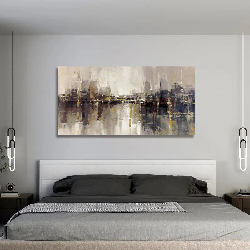 Bedroom with abstract cityscape painting on the wall