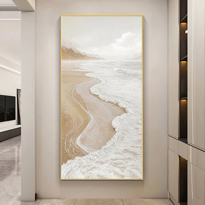 Beach scene painting in a modern interior setting
