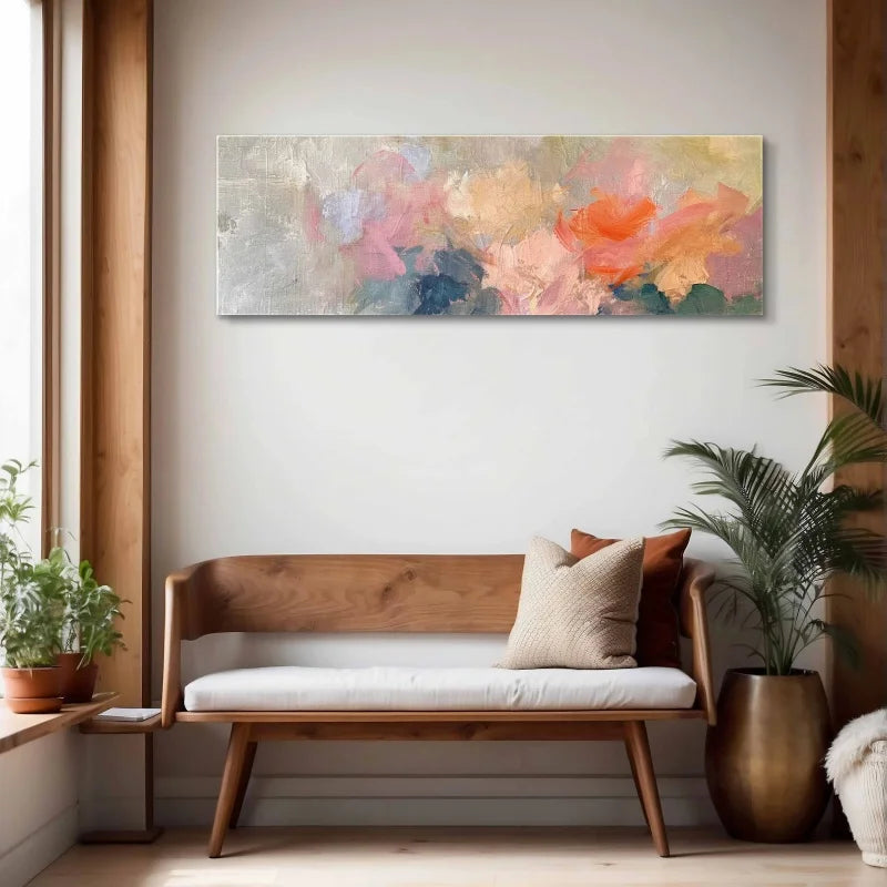 Modern living room with a wooden bench, decorative pillows, and a colorful floral painting on the wall.