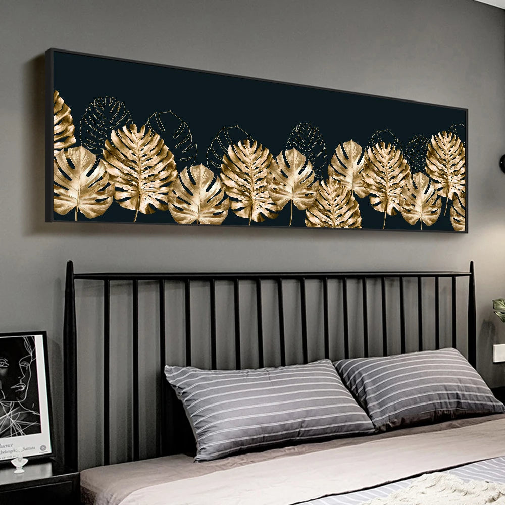 Big Sizes Wide Format Wall Art Fine Art Canvas Prints Golden Tropical Botanical Monstera Palm Leaves Pictures For Above The Bed Art For Above The Sofa