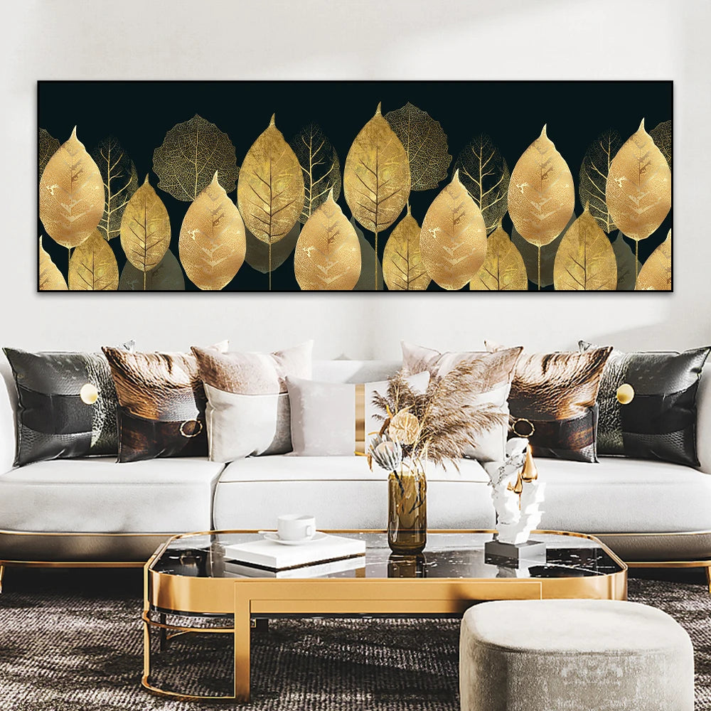 Big Sizes Wide Format Wall Art Fine Art Canvas Prints Golden Tropical Botanical Monstera Palm Leaves Pictures For Above The Bed Art For Above The Sofa