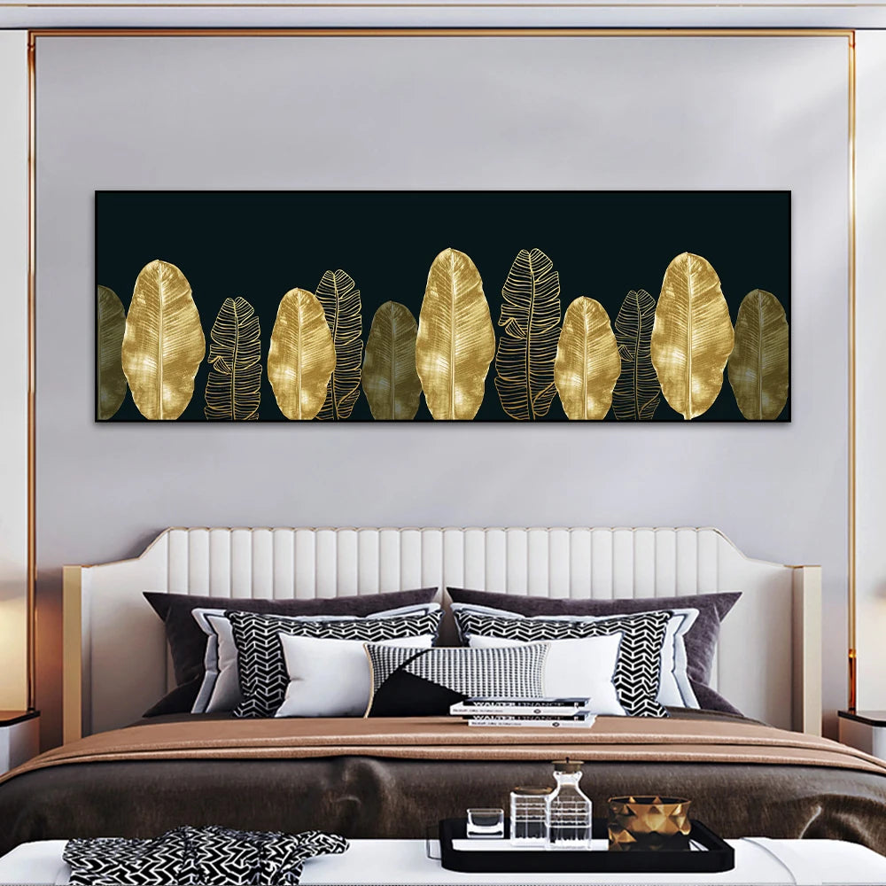 Big Sizes Wide Format Wall Art Fine Art Canvas Prints Golden Tropical Botanical Monstera Palm Leaves Pictures For Above The Bed Art For Above The Sofa