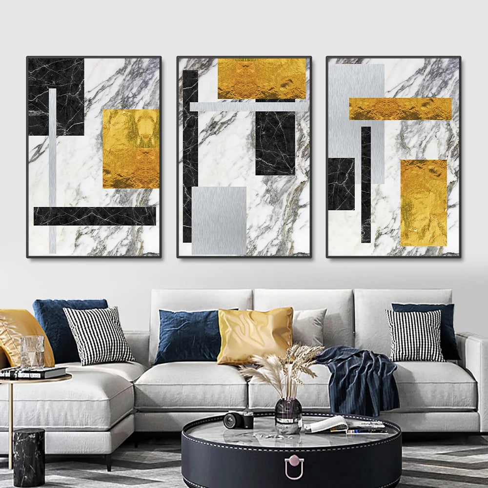 Black Golden Block Marbled Abstract Wall Art Fine Art Canvas Prints Modern Geometric Pictures For Living Room Home Office Art Decor