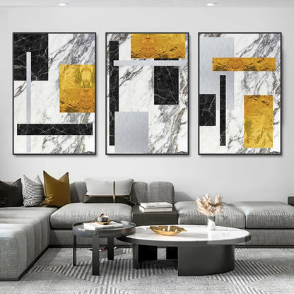 Black Golden Block Marbled Abstract Wall Art Fine Art Canvas Prints Modern Geometric Pictures For Living Room Home Office Art Decor