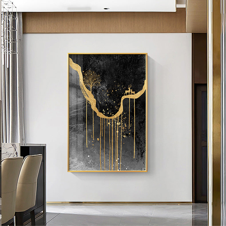 Black Golden Deer Auspicious Landscape Wall Art Fine Art Canvas Prints Nordic Abstract Pictures For Luxury Living Room Home Office Decor