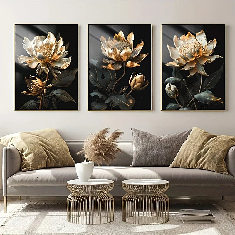 Black Golden Floral Wall Art Fine Art Canvas Prints Modern Botanical Pictures For Living Room Bedroom Light Luxury Home Decor