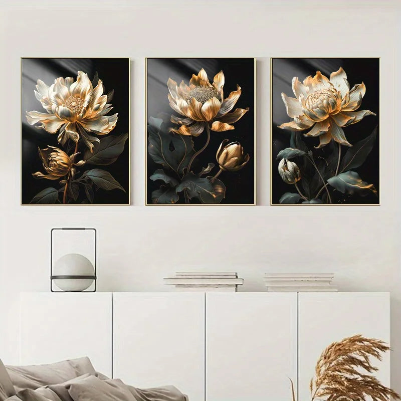 Black Golden Floral Wall Art Fine Art Canvas Prints Modern Botanical Pictures For Living Room Bedroom Light Luxury Home Decor