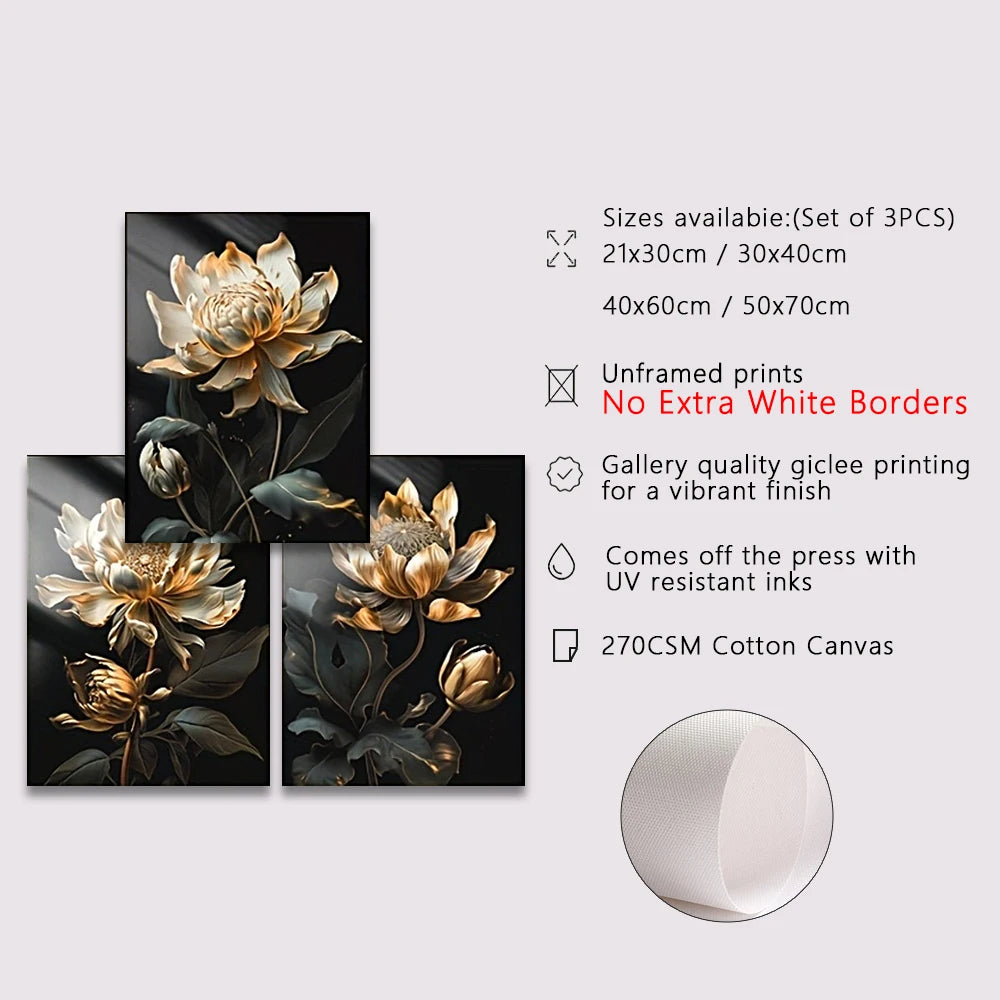 Black Golden Floral Wall Art Fine Art Canvas Prints Modern Botanical Pictures For Living Room Bedroom Light Luxury Home Decor