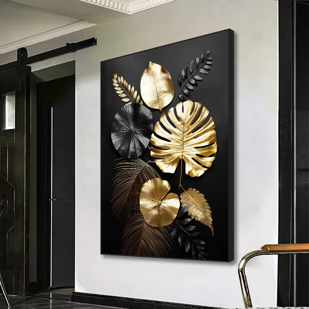 Black Golden Tropical Leaves Wall Art Fine Art Canvas Prints Modern Botanical Pictures For Luxury Living Room Dining Room Home Office Decor