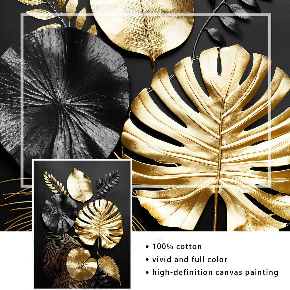 Black & Golden Tropical Leaves Wall Art For Luxury Living Room Decor ...