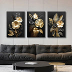 Black Golden Tropical Leaves Wall Art Fine Art Canvas Prints Modern Botanical Pictures For Luxury Living Room Dining Room Home Office Decor