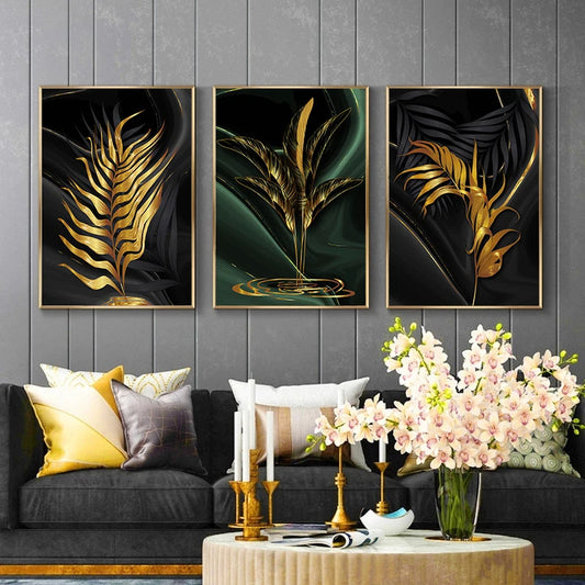Black Green Golden Palm Leaves Wall Art Fine Art Canvas Prints Modern Tropical Botanical Pictures For Living Room Dining Room Home Office Decor
