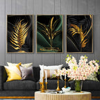 Set of 3 Pcs Black Green Golden Palm Leaves Wall Art Fine Art Canvas Prints Modern Tropical Botanical Pictures For Living Room Dining Room Home Office Decor