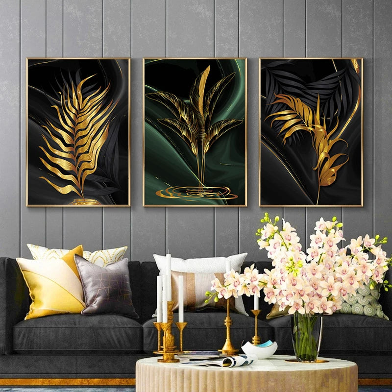 Set of 3 Pcs Black Green Golden Palm Leaves Wall Art Fine Art Canvas Prints Modern Tropical Botanical Pictures For Living Room Dining Room Home Office Decor